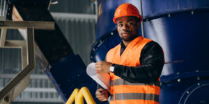 African american worker standing in uniform wearing a safety hat in a factory