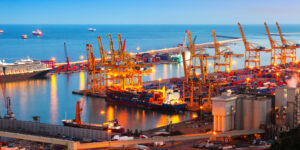 Industrial port de Barcelona in evening. Spain